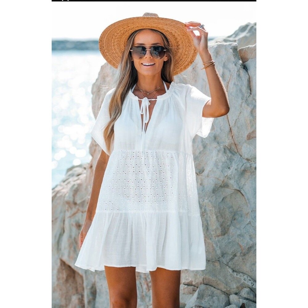 NEW CUPSHE Floral Eyelet Tie Neck Babydoll Dress White Bathing Suit Cover Small - Picture 2 of 11